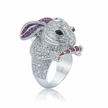 Bunny ring in gold, white gold, onyx, pink sapphire and diamond