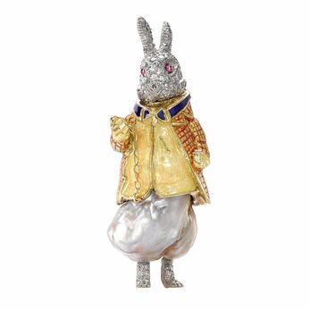 Baroque Pearl Rabbit brooch in gold, pearl, coloured gemstones and diamond