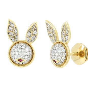 Rabbit earrings in gold, ruby and diamond