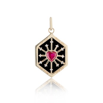 Enamel Ruby Heart Love Token pendant in gold, enamel, ruby and diamonds