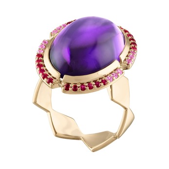 Lucia ring in gold, pink sapphire and amethyst