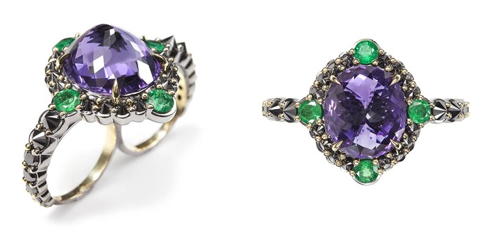 White gold, amethyst and emerald ring