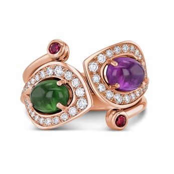 Stackable Lily Dew rings in gold, amethyst, green tourmaline and diamond 