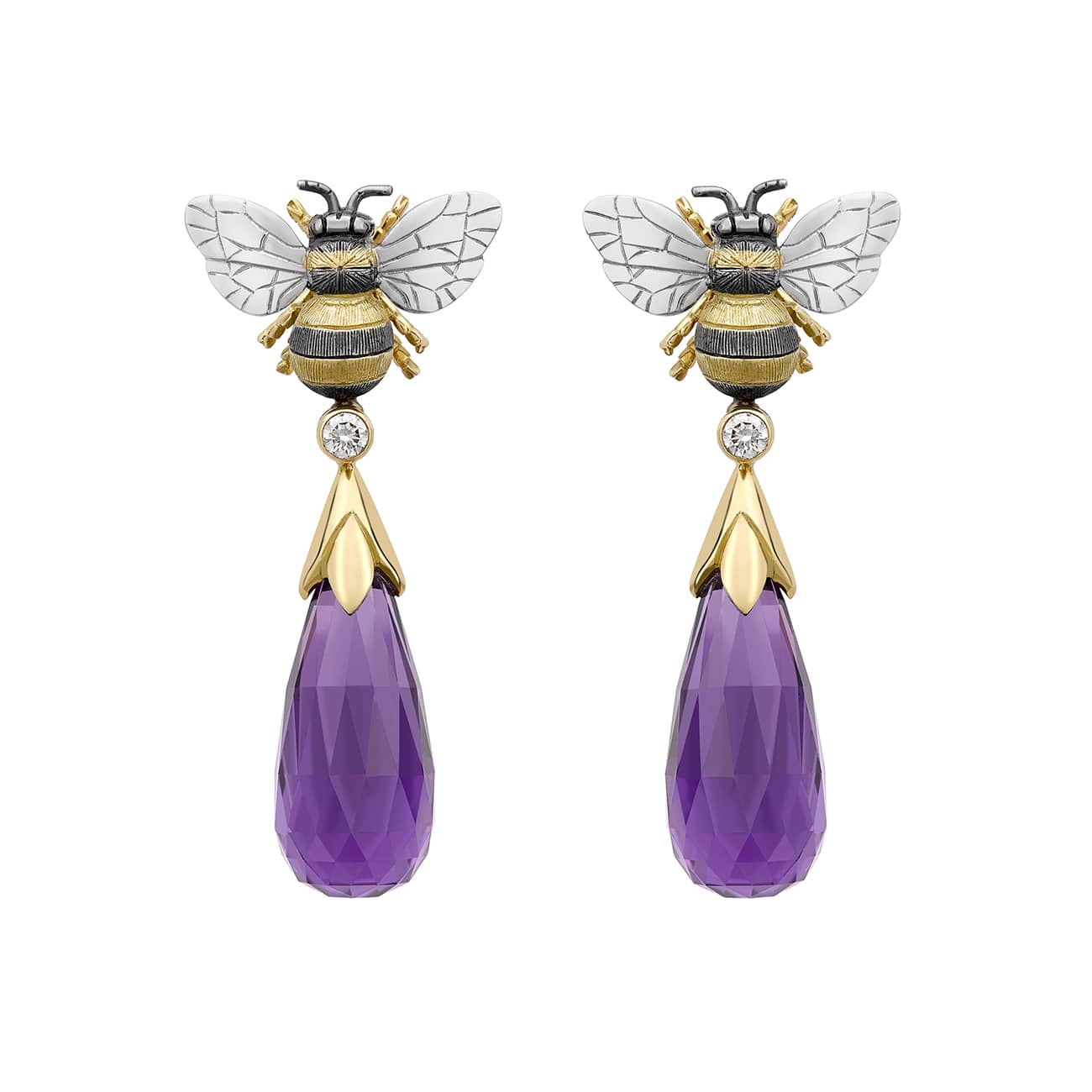 Large Bee Drop earrings in gold, amethyst and diamond