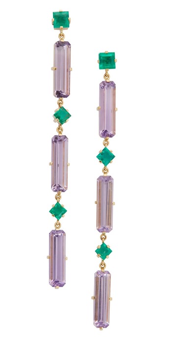 Gold, amethyst and emerald earrings