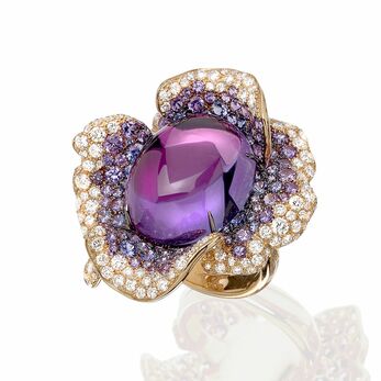 Gold, amethyst, coloured gemstones and diamond ring 