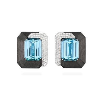 Earrings in white gold, carbon, aquamarine and diamond