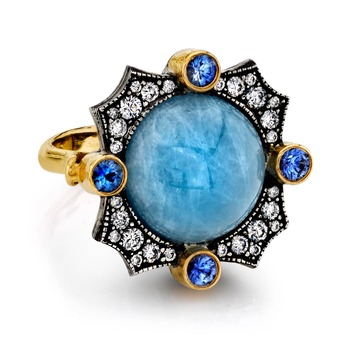 Ring in gold, aquamarine, sapphire and diamond