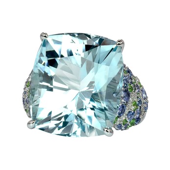 Cocktail ring in white gold, aquamarine, diamond and coloured gemstones