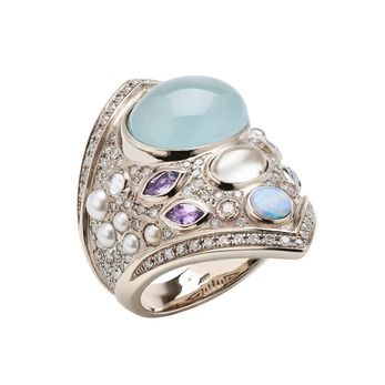 Ring in white gold, aquamarine, amethyst and diamond