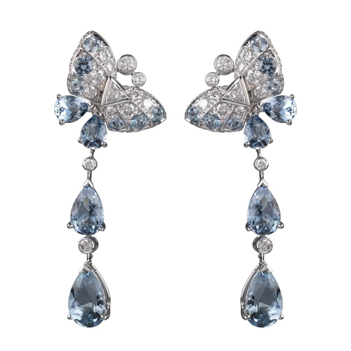 Butterfly earrings in white gold, aquamarine and diamond 