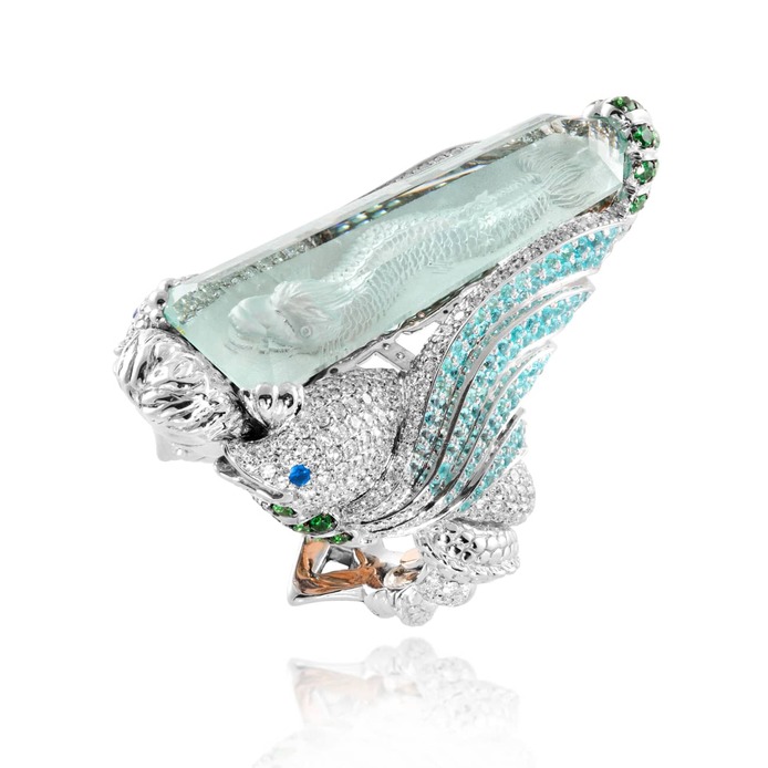 Dolphin ring in white gold, aquamarine, diamond precious gemstone 