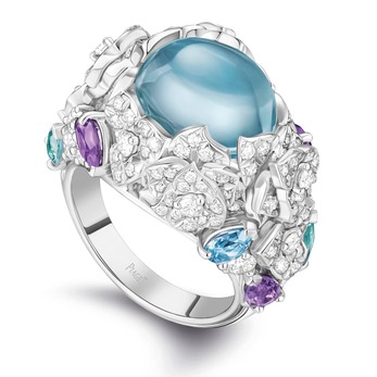 Rose ring in white gold, aquamarine, amethyst and diamond 