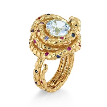 Ophidian Taipan ring in gold, aquamarine and coloured gemstones
