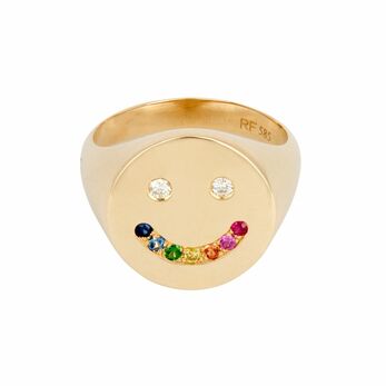 Rainbow Sapphire Smiley signet ring in gold, sapphire and diamond 