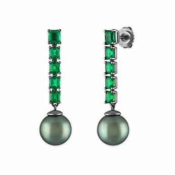 Stick earrings in blackened gold, Colombian emerald and Tahitian pearl