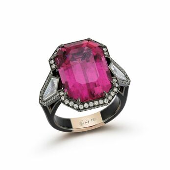 Ring in rhodium-plated gold, pink precious gemstone and diamond