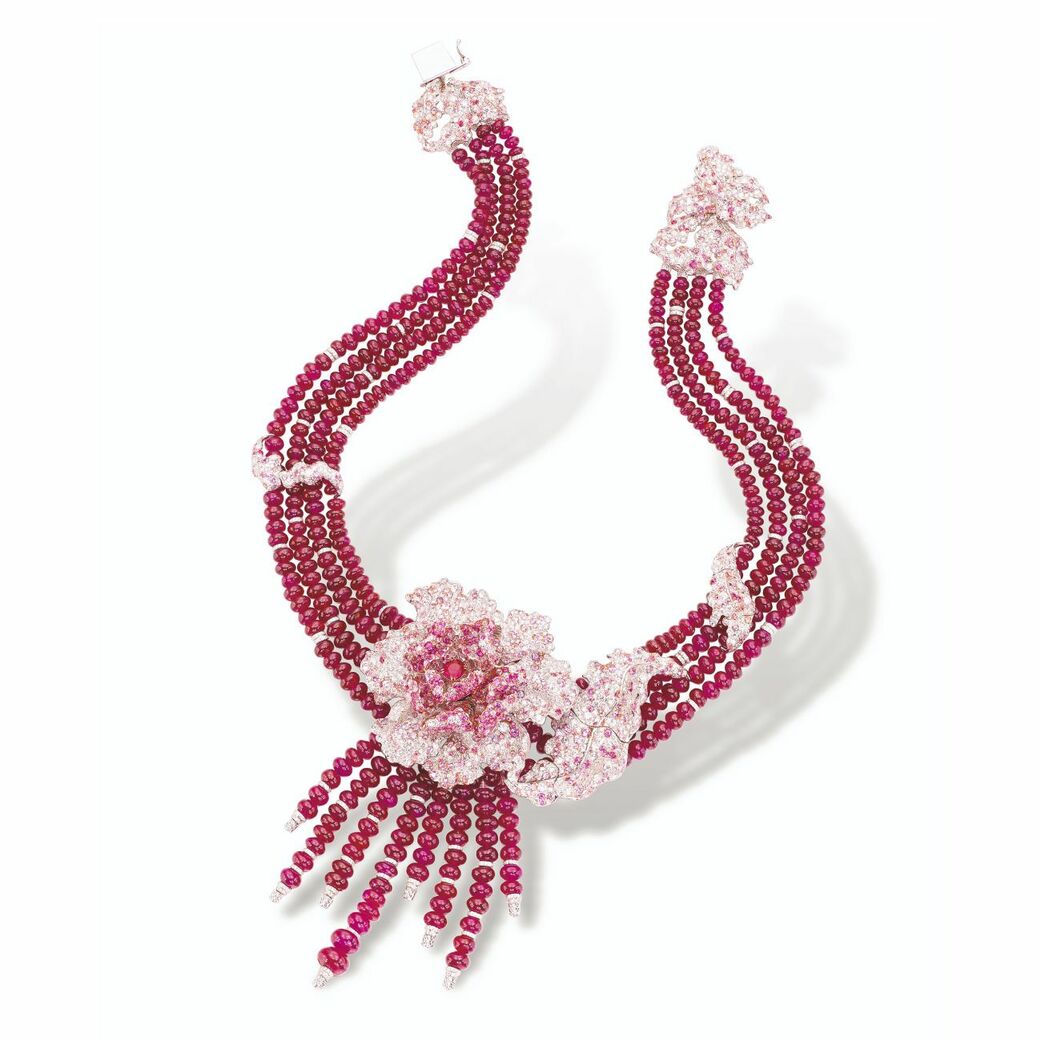 La Rose Rouge necklace in rose gold, ruby, pink sapphire, white sapphire, diamond