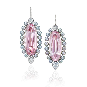 Earrings in white gold, pearl and tourmaline