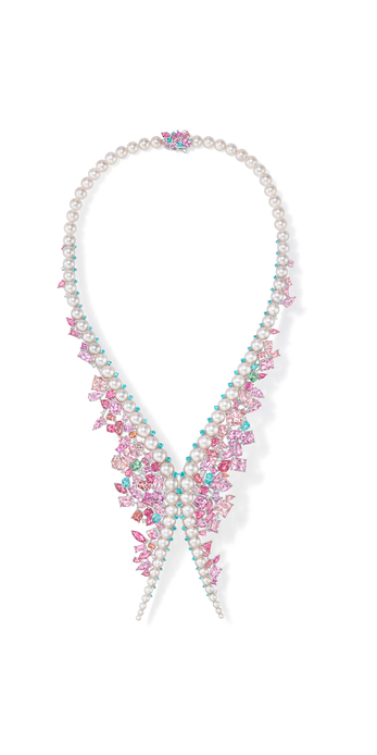 Flourish necklace in Akoya pearl, morganite, sapphire, spinel, topaz, diamond and tourmaline