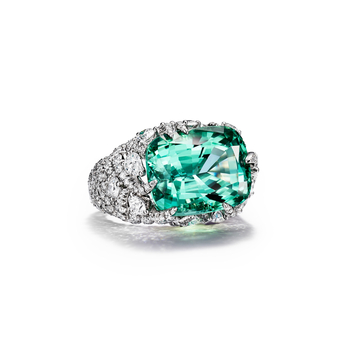 Set in platinum with an unenhanced green cuprian elbaite tourmaline of over 17 carats and diamonds from the 2023 Blue Book collection