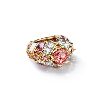 Set in platinum and 18k yellow gold with an unenhanced Sri Lankan padparadscha sapphire of over 5 carats, unenhanced Umba and padparadscha sapphires, rubellites and diamonds from the 2023 Blue Book collection