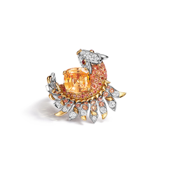 Set in platinum and 18k yellow gold with an unenhanced orange sapphire of over 12 carats, padparadscha sapphires, rubellites and diamonds from the 2023 Blue Book collection