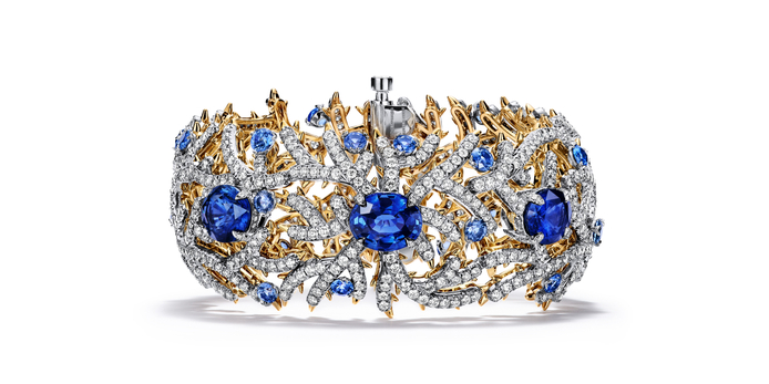 Set in platinum and 18k yellow gold with unenhanced sapphires of over 12 total carats, sapphires, and diamonds from the 2023 Blue Book collection 