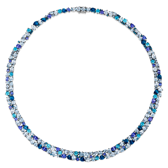 Necklace in white gold, diamonds, precious gems and blue topaz