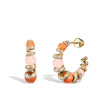 Earrings in gold, coral, pink opal and diamond
