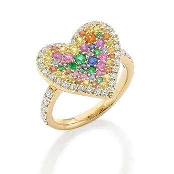 Fortune Rainbow Pave Heart ring in gold,  tsavorite, rainbow sapphire and diamond