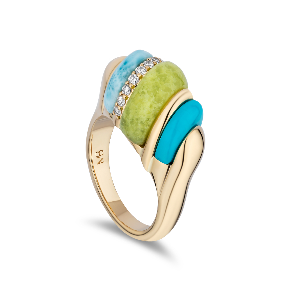 Turritella ring with turquoise, Brazillian opal, pink opal and diamonds in gold