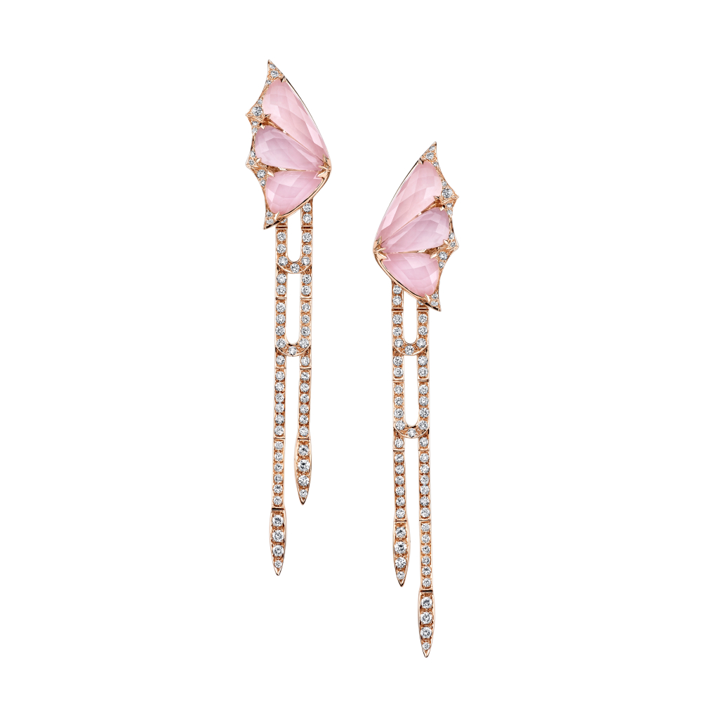 Crystal Haze Detachable drop earrings with pink opal, clear quartz and diamonds in rose gold