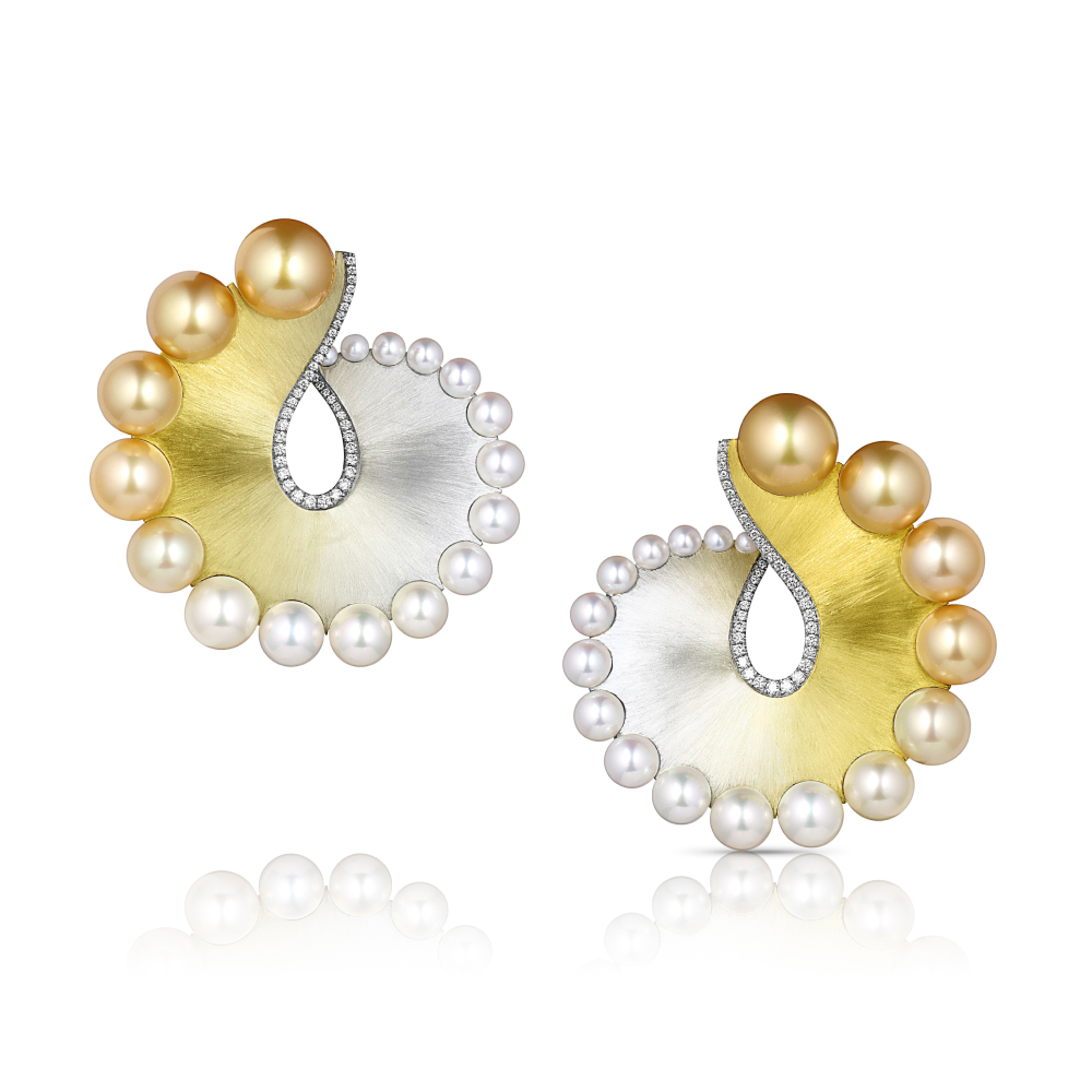 Nautilus Pearl earrings with South Sea pearls, Akoya pearls and diamonds in a propriety gradient SpectraGold™