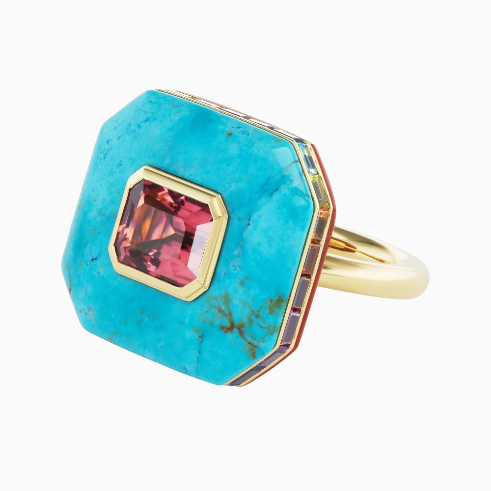 Balance ring with a 3.8 - carat pink tourmaline, turquoise, red jasper and rainbow sapphires in gold