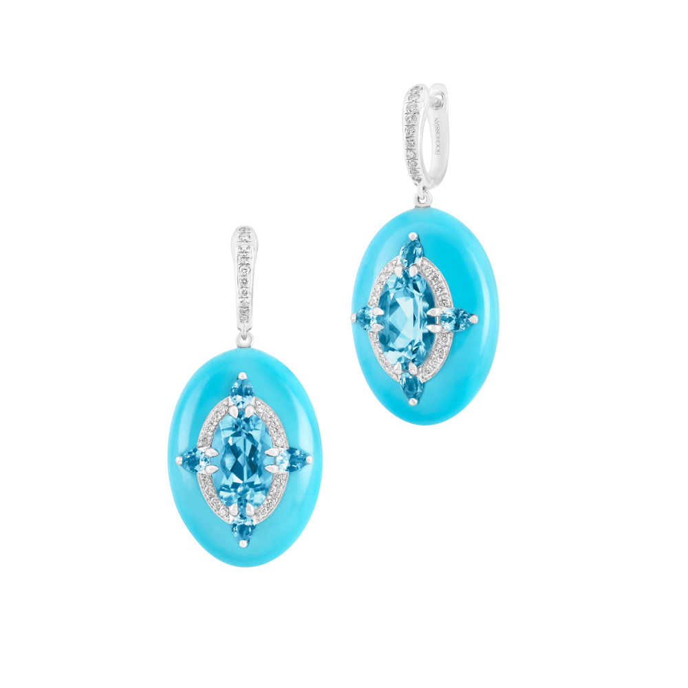Reveal earrings with two 5.49 - carat topaz, 31.13 - carats of turquoise and diamonds in 18k white gold
