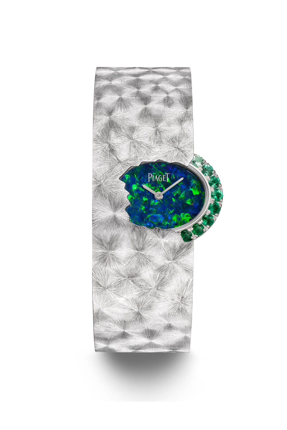 Limelight High Jewellery Cuff watch with a black opal dial and emeralds in 18k white gold