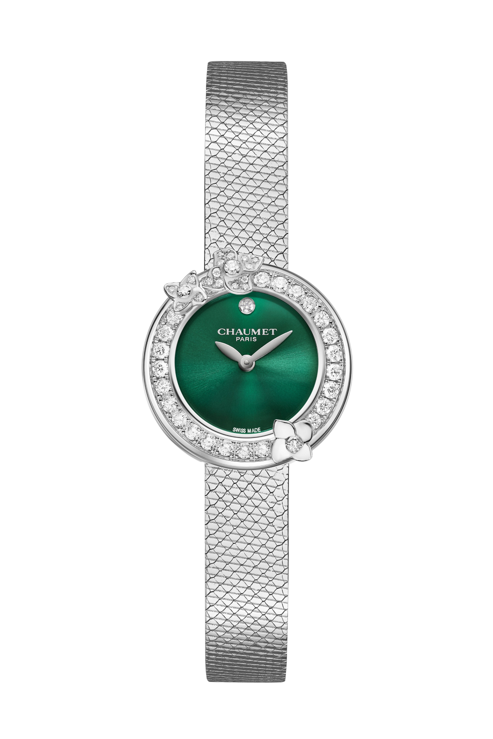 Hortensia watch with a malachite dial and diamonds in steel