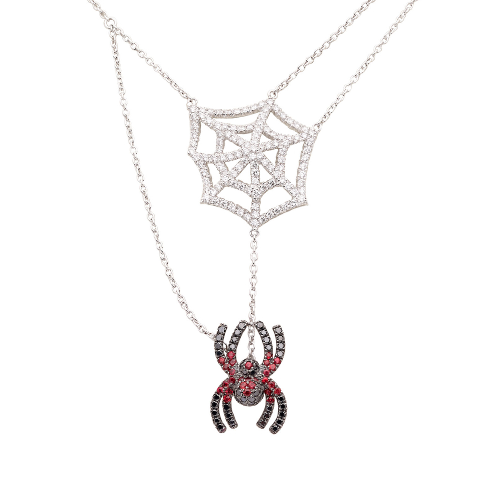 Mini Lullaby Necklace Spider Web necklace with Black Diamond, Multistone, Orange Sapphire, White Diamond in 18Kt White Gold