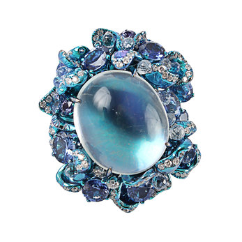 Arunashi moonstone ring with sapphires and diamonds set in titanium