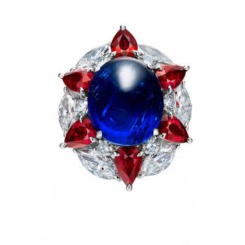 Faidee 11 cts Burmese sapphire ring with Burmese rubies and diamonds