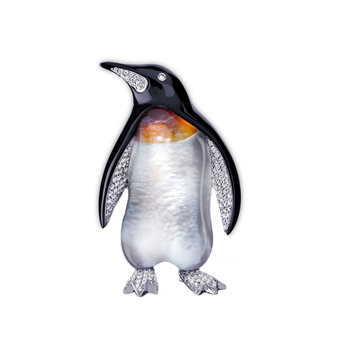 Vhernier 'Penguin' brooch with layered "trasparenza" mother-of-pearl, carnelian, onyx and diamonds