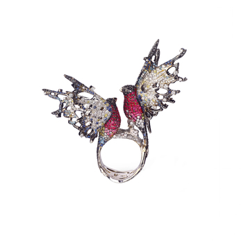 Ichien 'Bullfinches' ring in rubies, sapphires and diamonds  