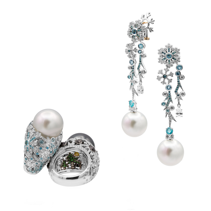 Alessio Boschi 'Blue Ice' ring and earrings from Naturalia collection, in white gold, pearls, topaz and diamonds