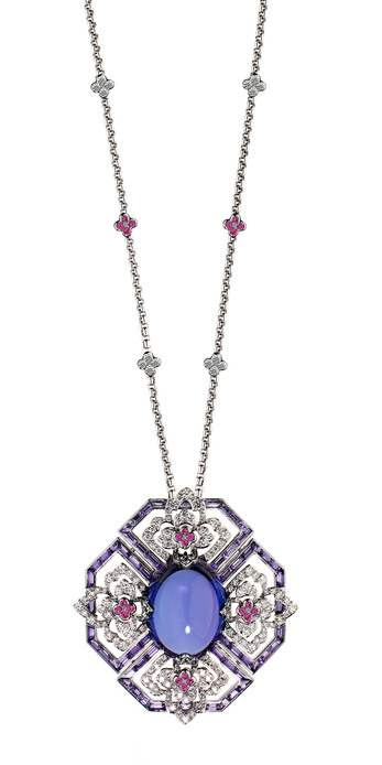 Ritz Fine Jewellery Quatrefoil necklace with cabochon tanzanite, pink sapphires and diamonds