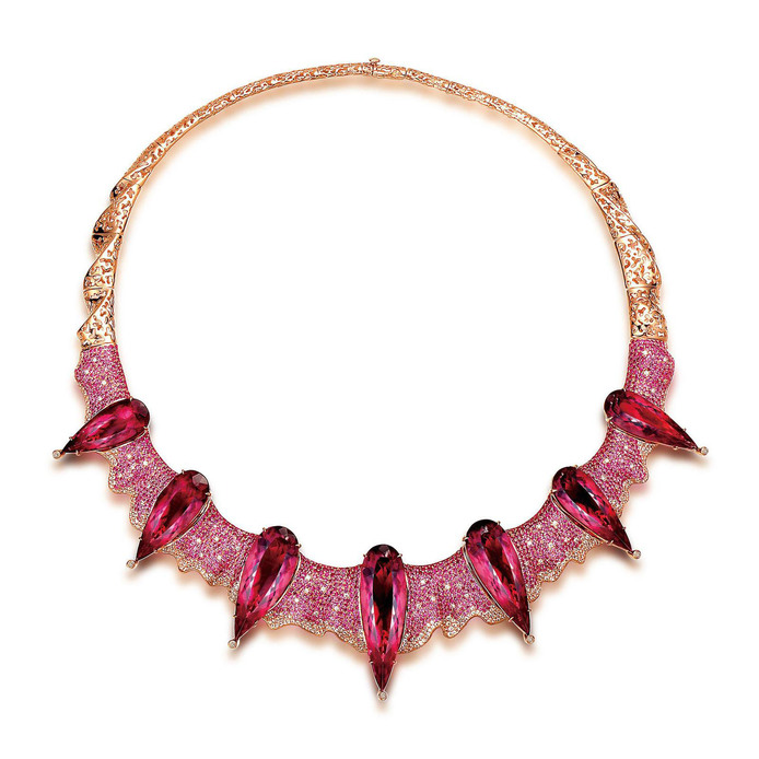 Fei Liu 'Gothic' necklace with pear-cut rubellites in 18k rose gold, set with pavé pink sapphires and white diamonds