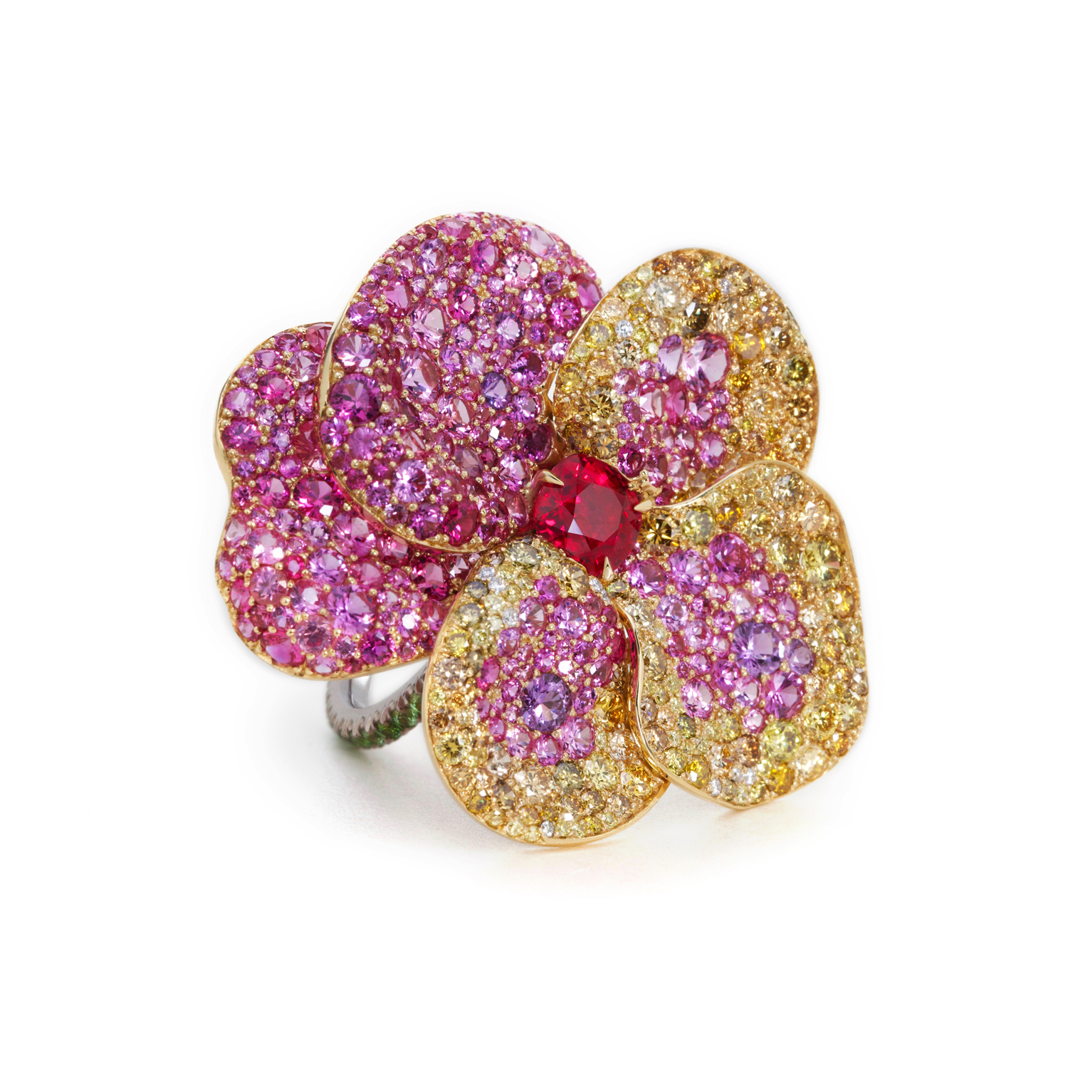 DM Workshop ring in ruby, fancy yellow diamond and pink sapphires, handmade in 18k gold and platinum