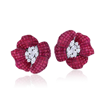 Stenzhorn 'Snow White Rose Red' earrings in invisible set rubies and diamonds 
