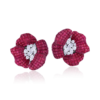 Stenzhorn 'Snow White Rose Red' earrings in invisible set rubies and diamonds 
