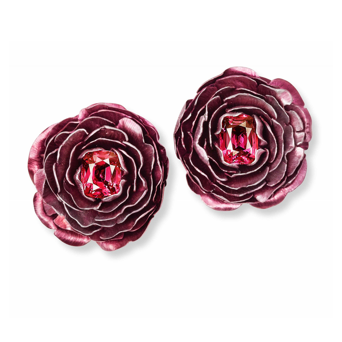 Hemmerle earrings in rubies, spinels, white gold and aluminium